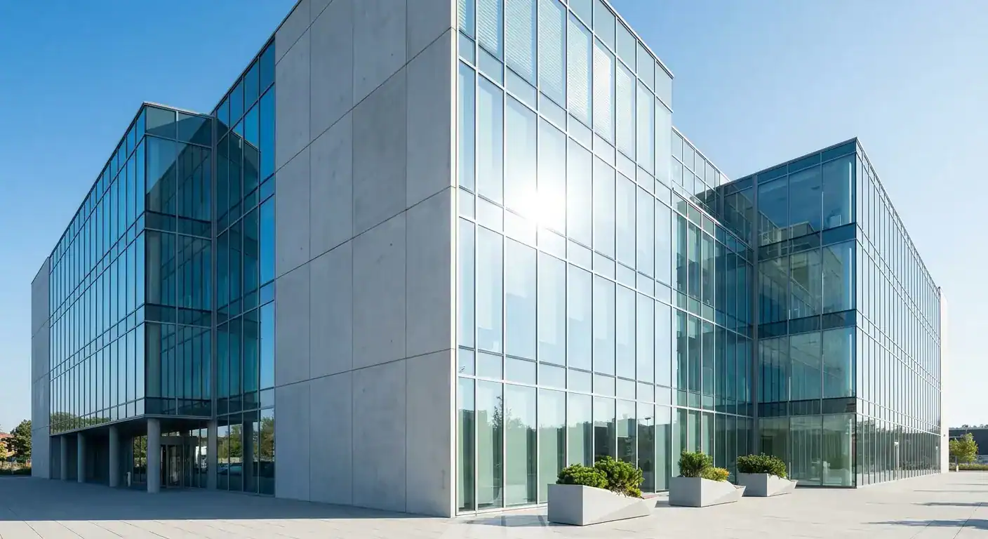En moderne næringseiendom i glass og betong som reflekterer sollyset etter en profesjonell vindusvask.