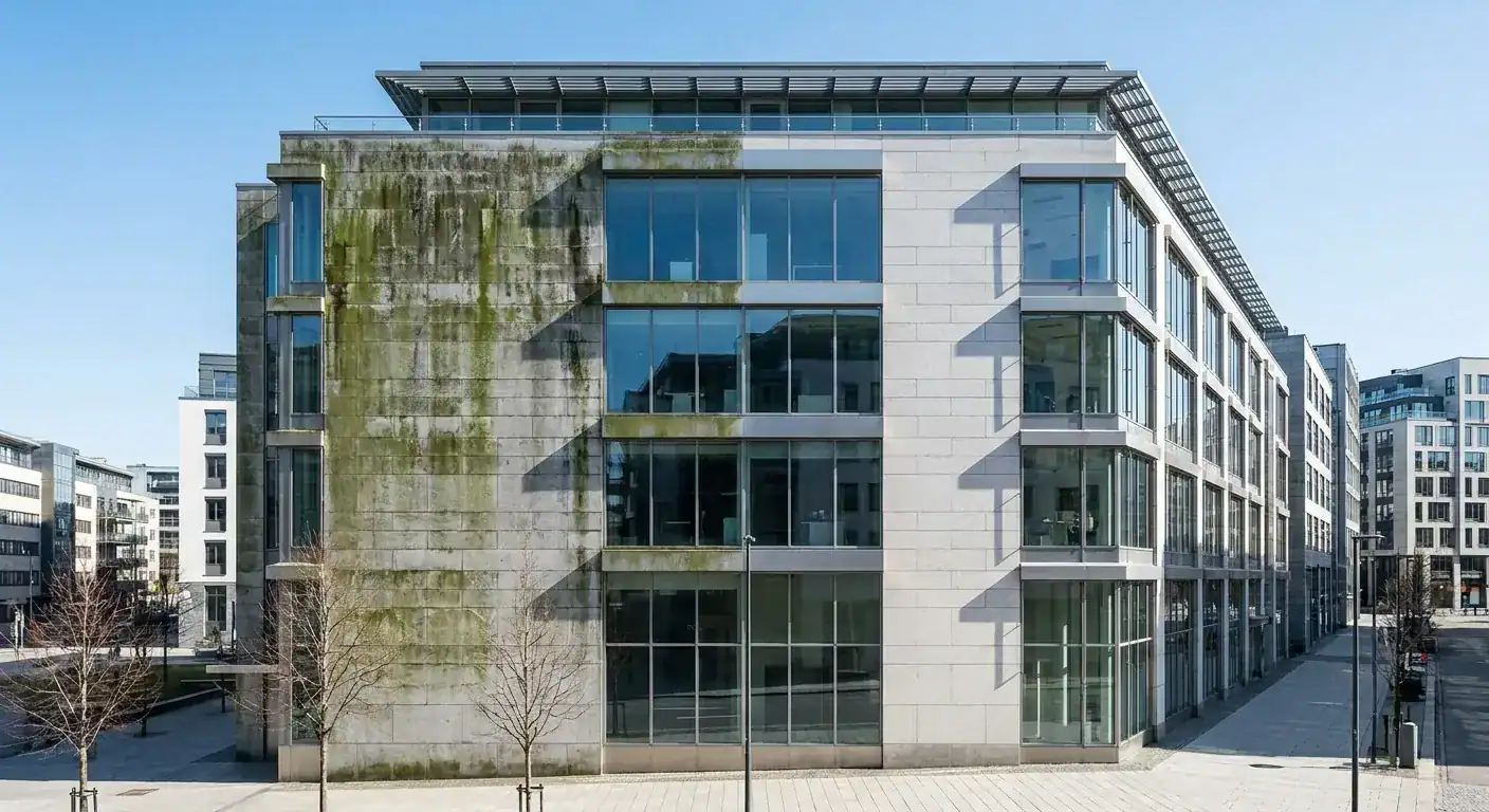 En moderne bygningsfasade i Oslo hvor den ene siden er dekket av grønn algevekst og den andre siden er renset