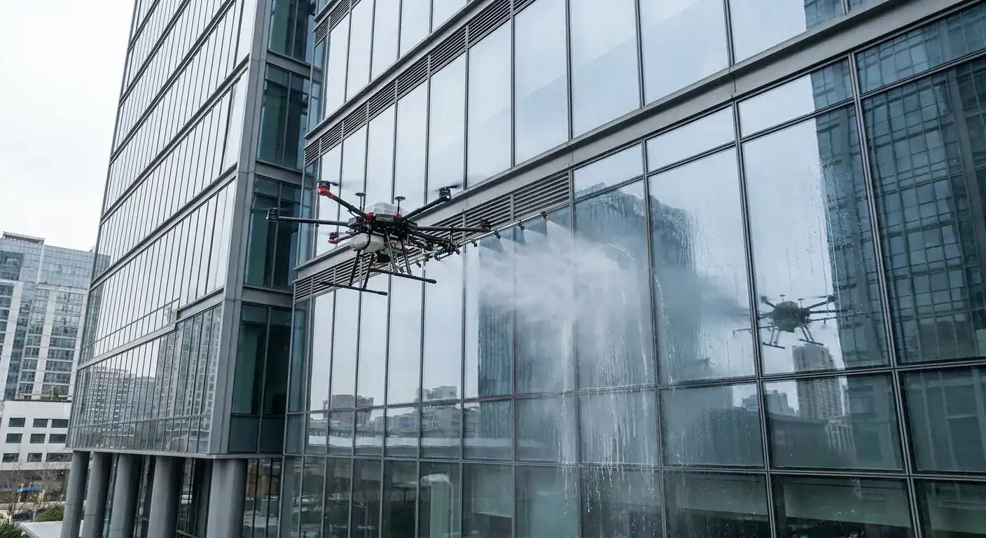En moderne vaskedrone som sprayer rensevæske mot en høy glassfasade på et kontorbygg i Oslo sentrum