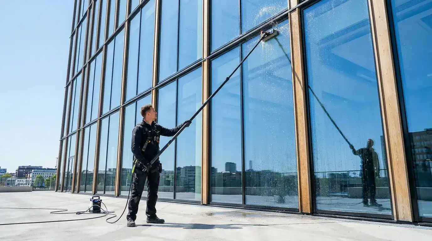 En profesjonell vinduspusser som bruker en lang vannførende stang for å rengjøre en stor glassfasade på et moderne kontorbygg i dagslys
