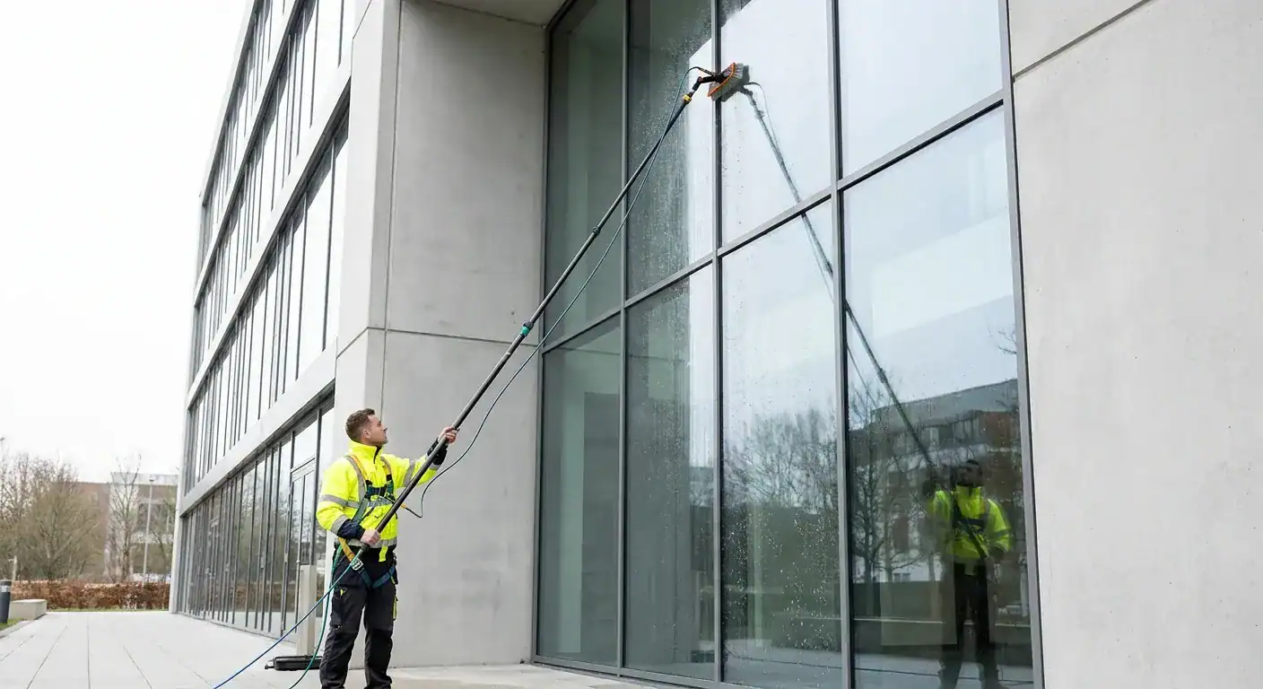 En profesjonell fasadevasker i arbeid på et moderne kontorbygg i glass og betong