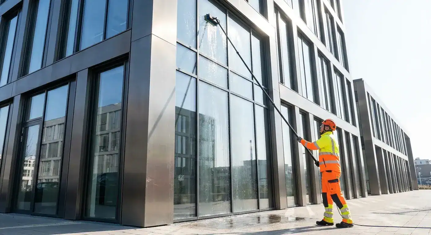En profesjonell operatør som utfører fasadevask på et moderne kontorbygg i glass og metall