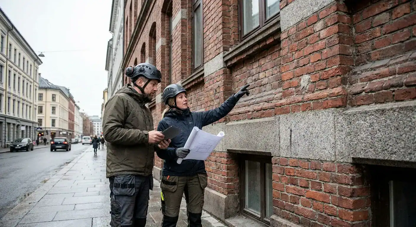 En restaureringsarkitekt og en prosjektleder som studerer detaljer på en gammel murfasade i Oslo sentrum