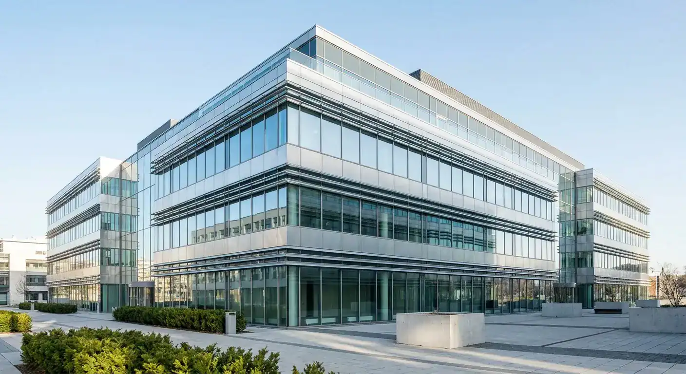 Et moderne kontorbygg i glass og metall som reflekterer sollyset i et rent bymiljø