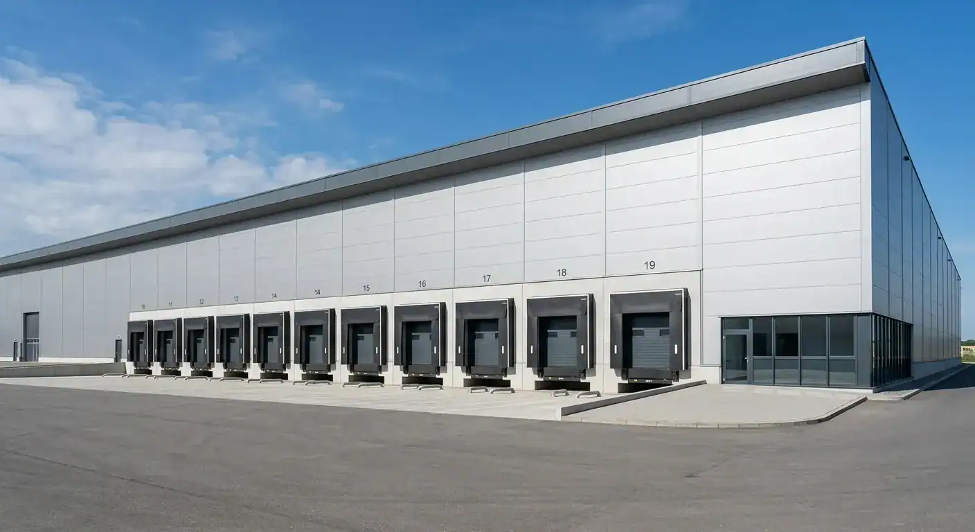En stor, moderne logistikkeiendom med grå sandwichpaneler fotografert i klart dagslys, med flere lasteramper og en ren, velholdt fasade
