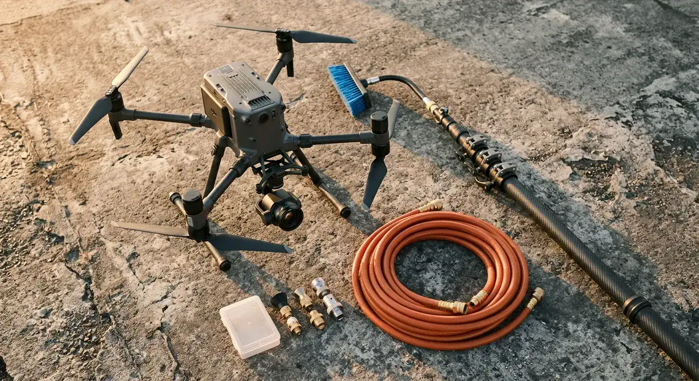 En profesjonell drone utstyrt med et stort optisk kamera som flyr kontrollert og stabilt parallelt med en moderne glass- og betongfasade i dagslys