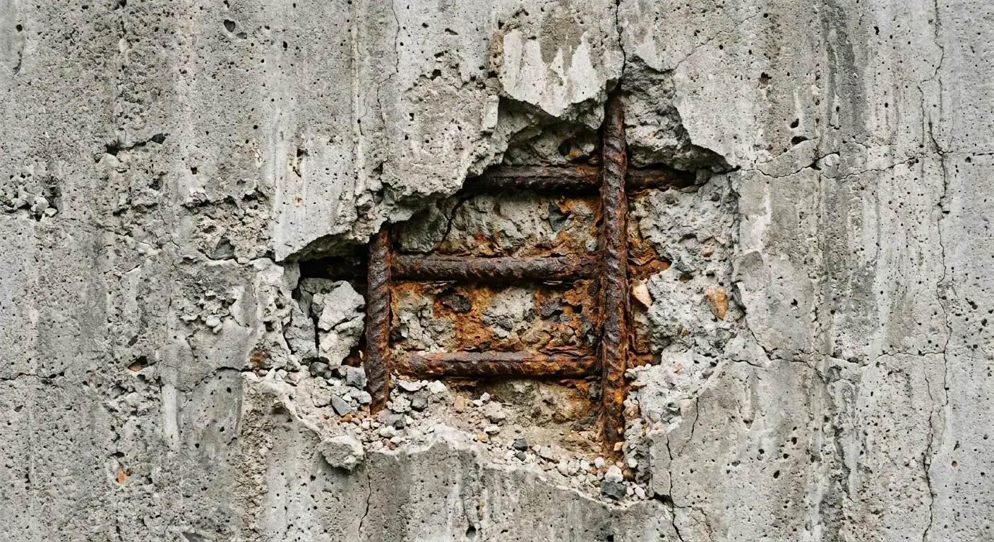 A close-up photo of a damaged concrete facade showing exposed rusted rebar and spalled concrete sections, highlighting structural wear