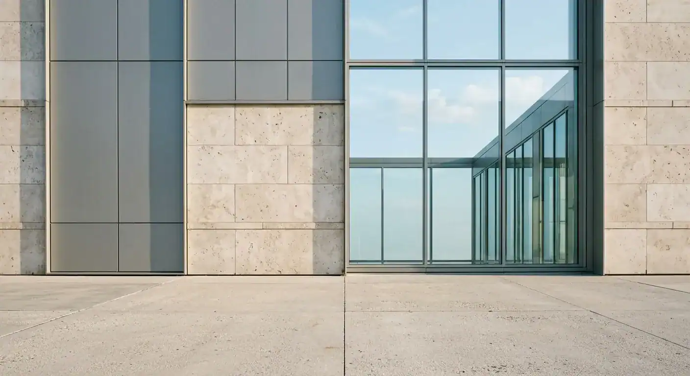 En ren, moderne kontorbygning med store glassflater og en skinnende ren fasade i aluminium og stein under en klar blå himmel.