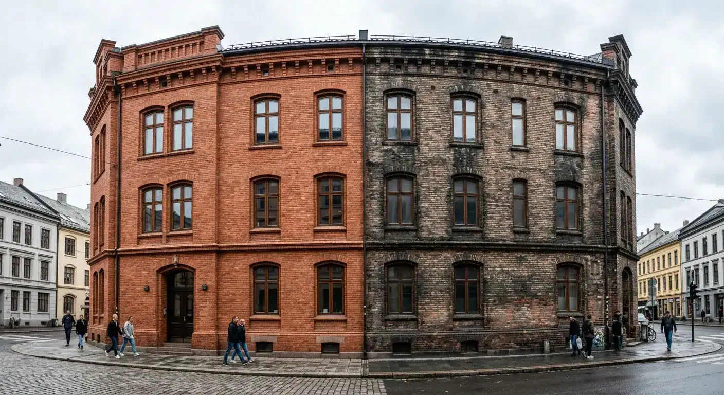 En historisk murbygning i Oslo sentrum der den ene halvdelen av fasaden er renset for sot og alger, mens den andre halvdelen viser tydelig slitasje og mørke avleiringer.