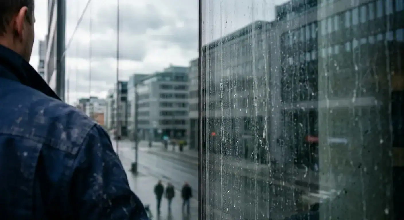 Nærbilde av en moderne glassfasade med reflekterende skyer, der halvparten av glasset er nyvasket og krystallklart, mens den andre halvparten viser tynne striper av kalk og trafikkstøv