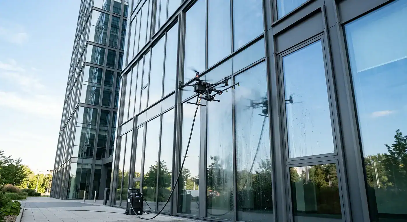 En høyteknologisk drone med slanger tilkoblet en bakkestasjon spyler rent en moderne glass- og metallfasade på et høyt næringsbygg under klar skyfri himmel