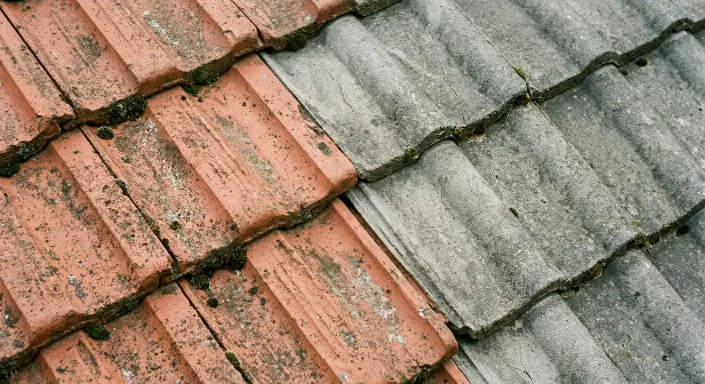 Et detaljert nærbilde av rød uglasert teglstein ved siden av grå betongtakstein på et tak, som viser forskjellen i tekstur og overflatestruktur