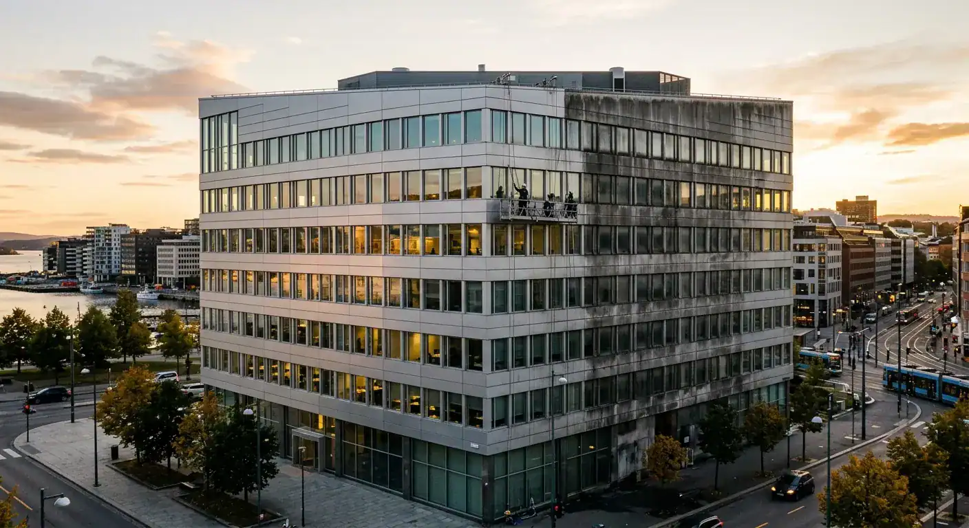 Et oversiktsbilde av et stort, moderne næringsbygg i Oslo hvor halvparten av fasaden er renset og skinner i solen, mens den andre halvparten viser typisk grålig forurensning