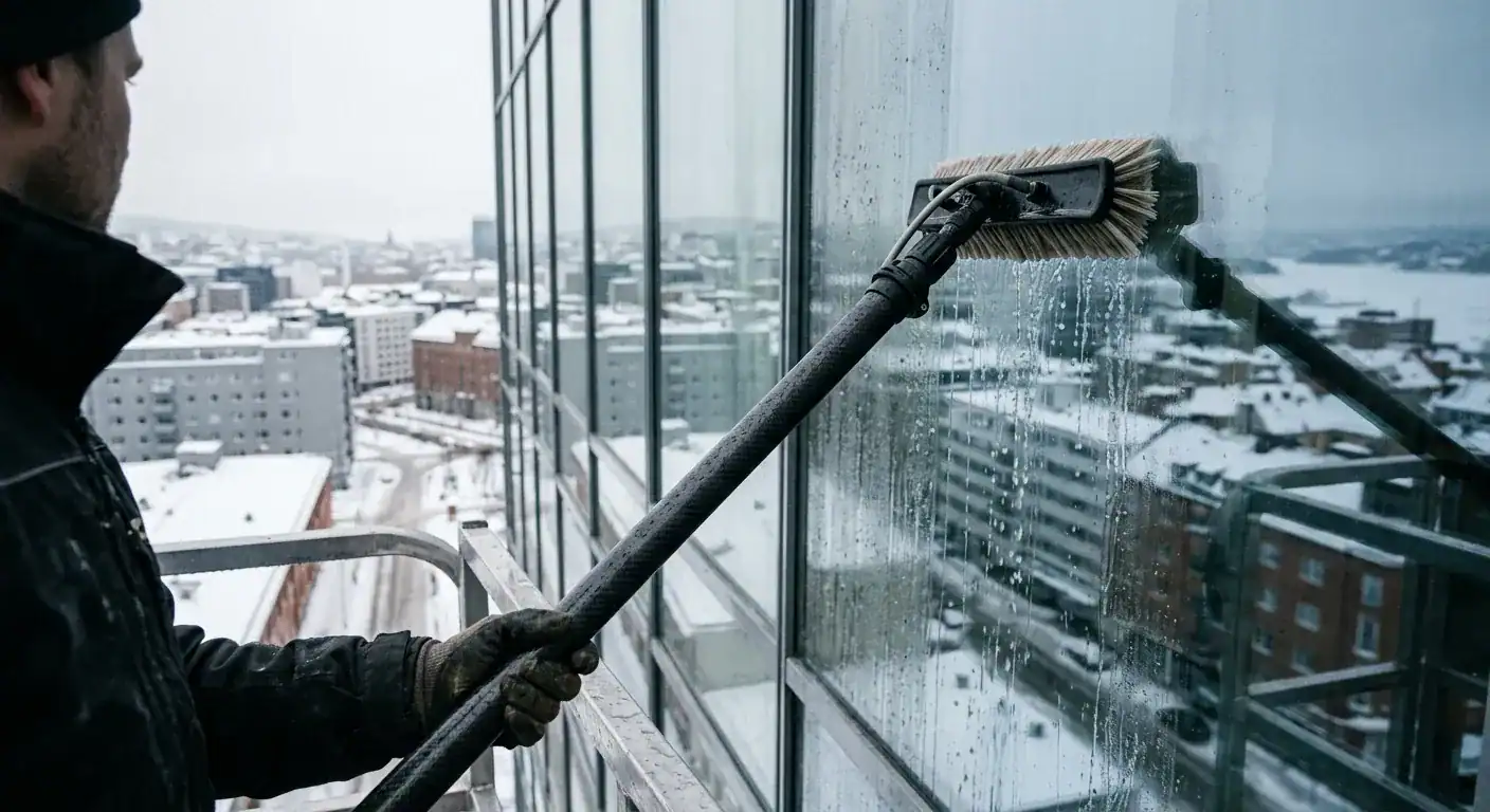 En profesjonell vindusvasker med verneutstyr som vasker en stor glassfasade på et moderne næringsbygg i Oslo, omgitt av snødekte omgivelser og lav vintersol