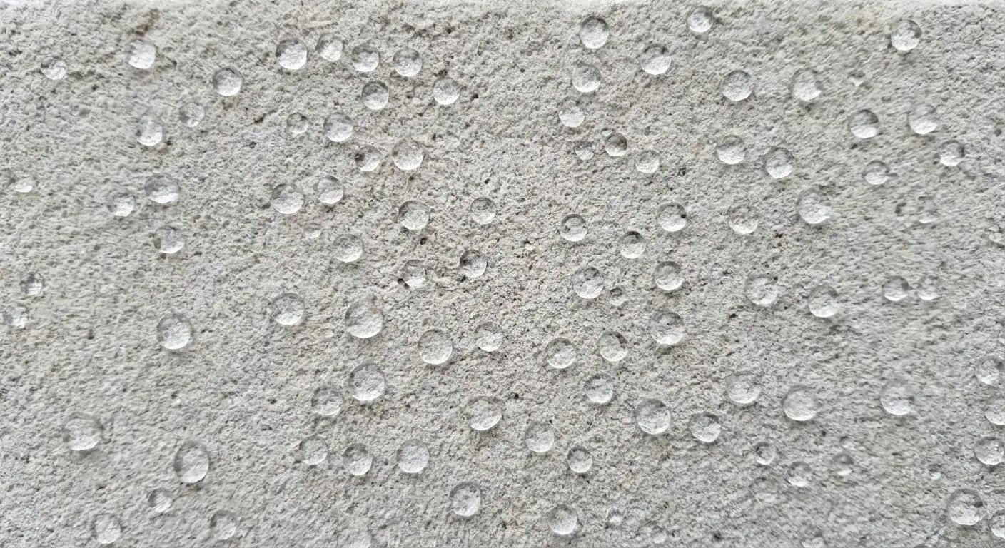Nærbilde av en porøs steinflate behandlet med en klar beskyttende coating der vanndråper perler seg på overflaten