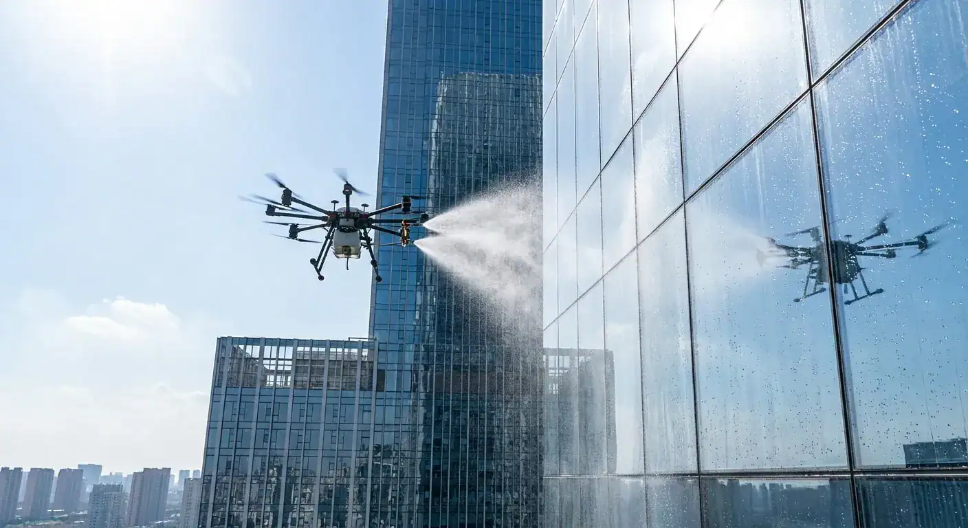 En drone som vasker en stor glassfasade på et moderne kontorbygg i høyden
