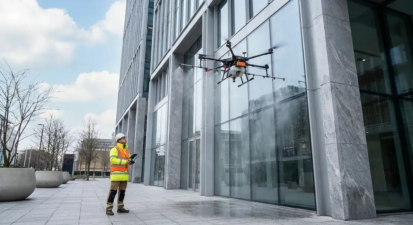 En operatør fra Neas Fasade som styrer en vaskedrone langs en høy kontorblokk i Oslo.