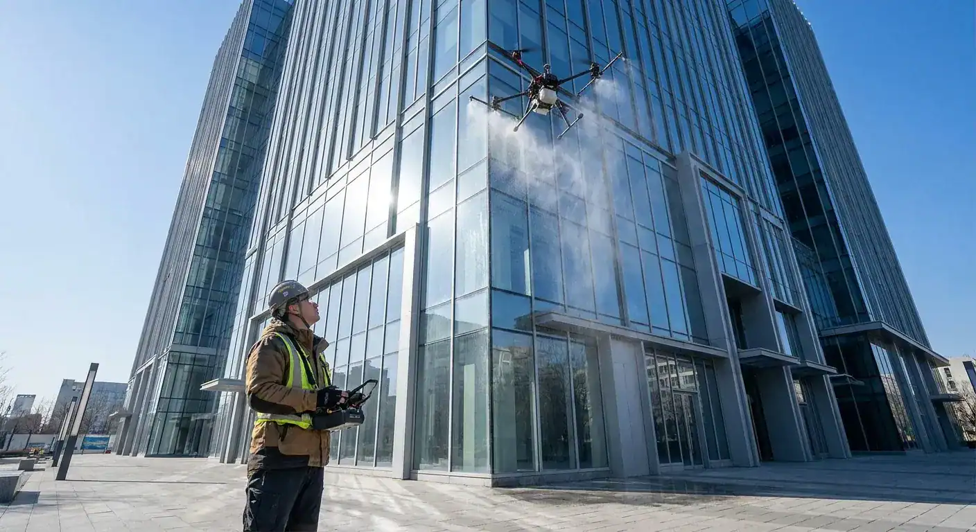 En operatør styrer en vaskemedrone som renser en høy næringsbyggfasade