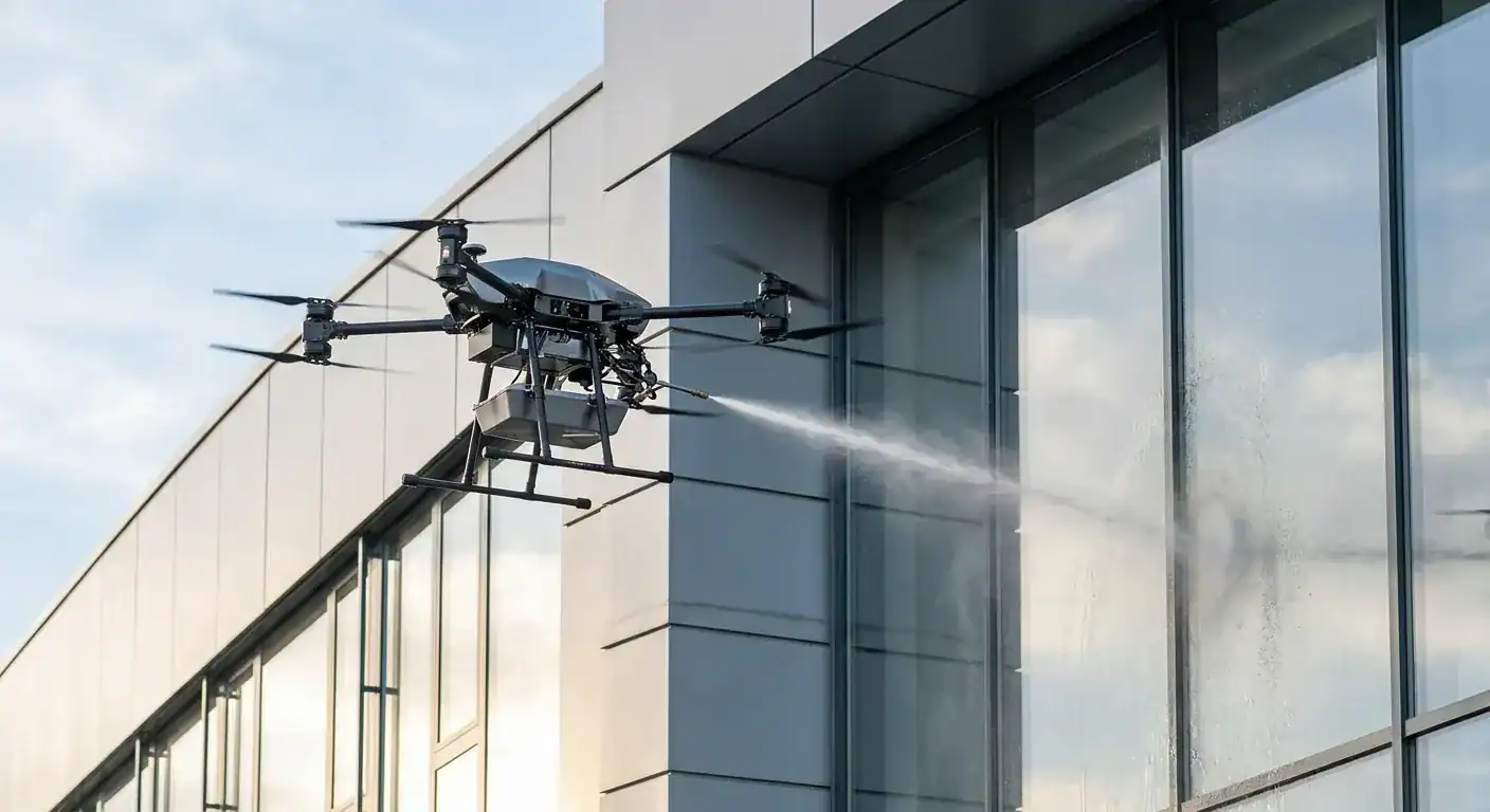 En drone som flyr stabilt foran en fasade av aluminium og glass, med en tynn vannstråle som treffer overflaten