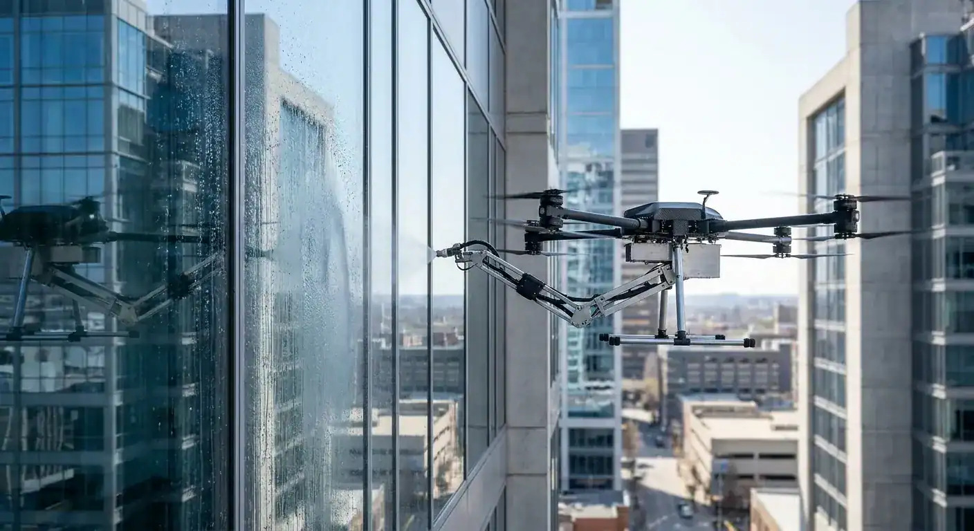 En drone utstyrt med en spylearm som vasker vinduene på toppen av en skyskraper i en travel by