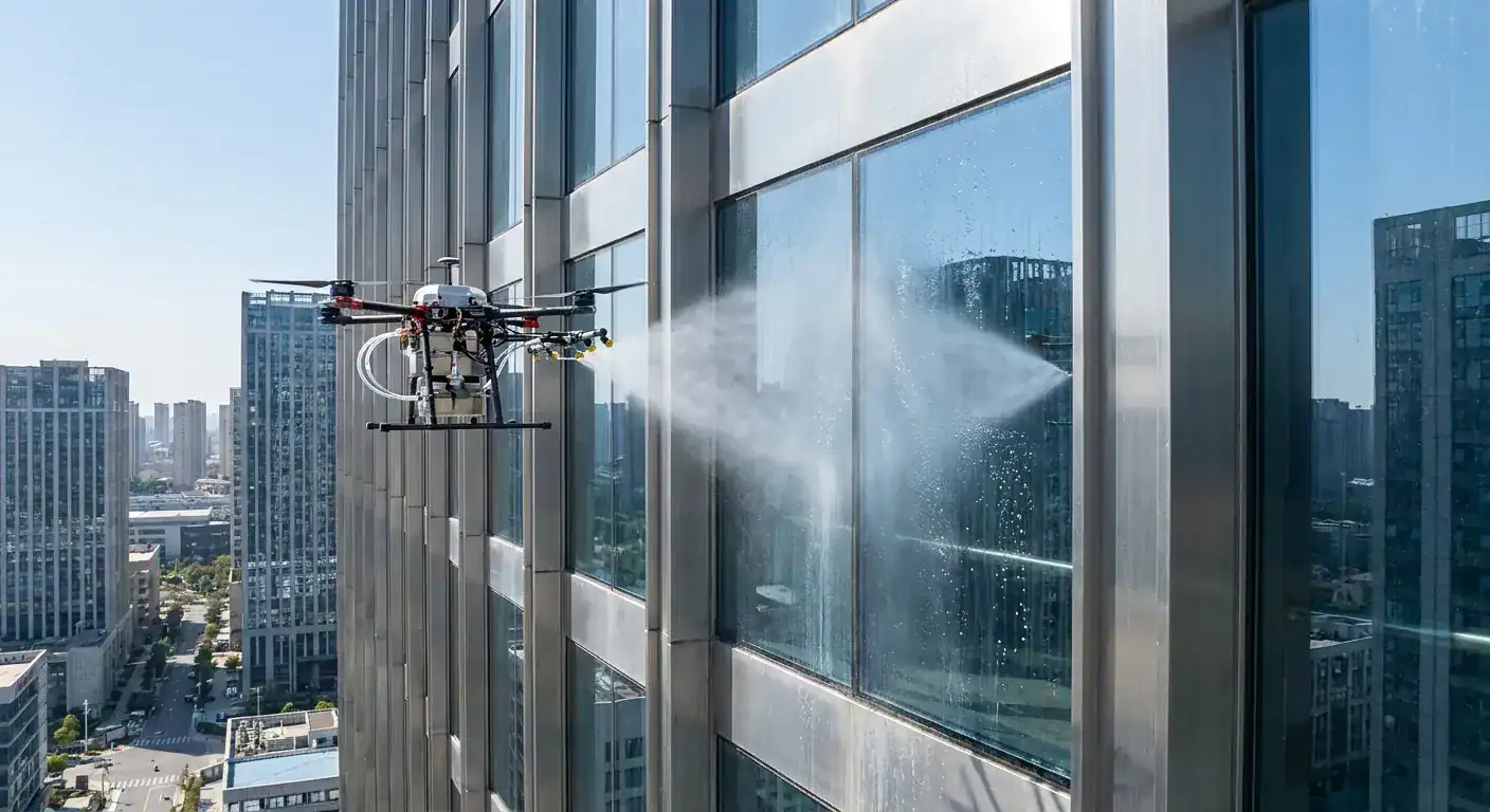 En moderne drone som sprøyter vaskemiddel på en høy kontorbygning i glass og stål