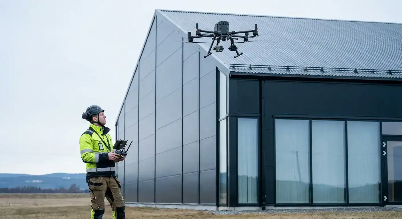 En operatør som styrer en drone for å inspisere taket på et stort industriområde
