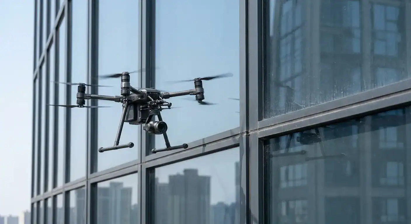 En drone som flyr nært en glassfasade på et høyhus for å inspisere fugene