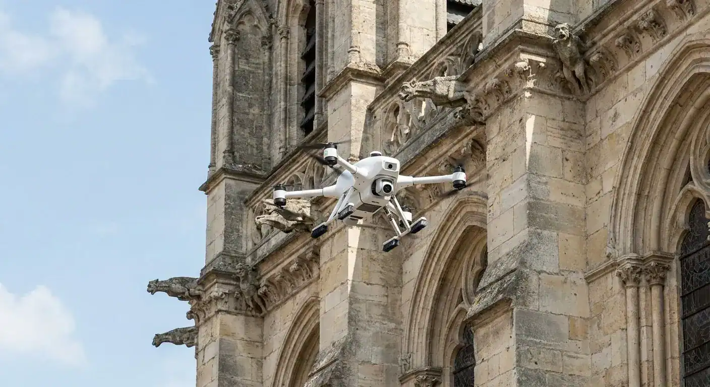 En hvit drone som flyr kontrollert foran en historisk fasade med detaljerte utskjæringer