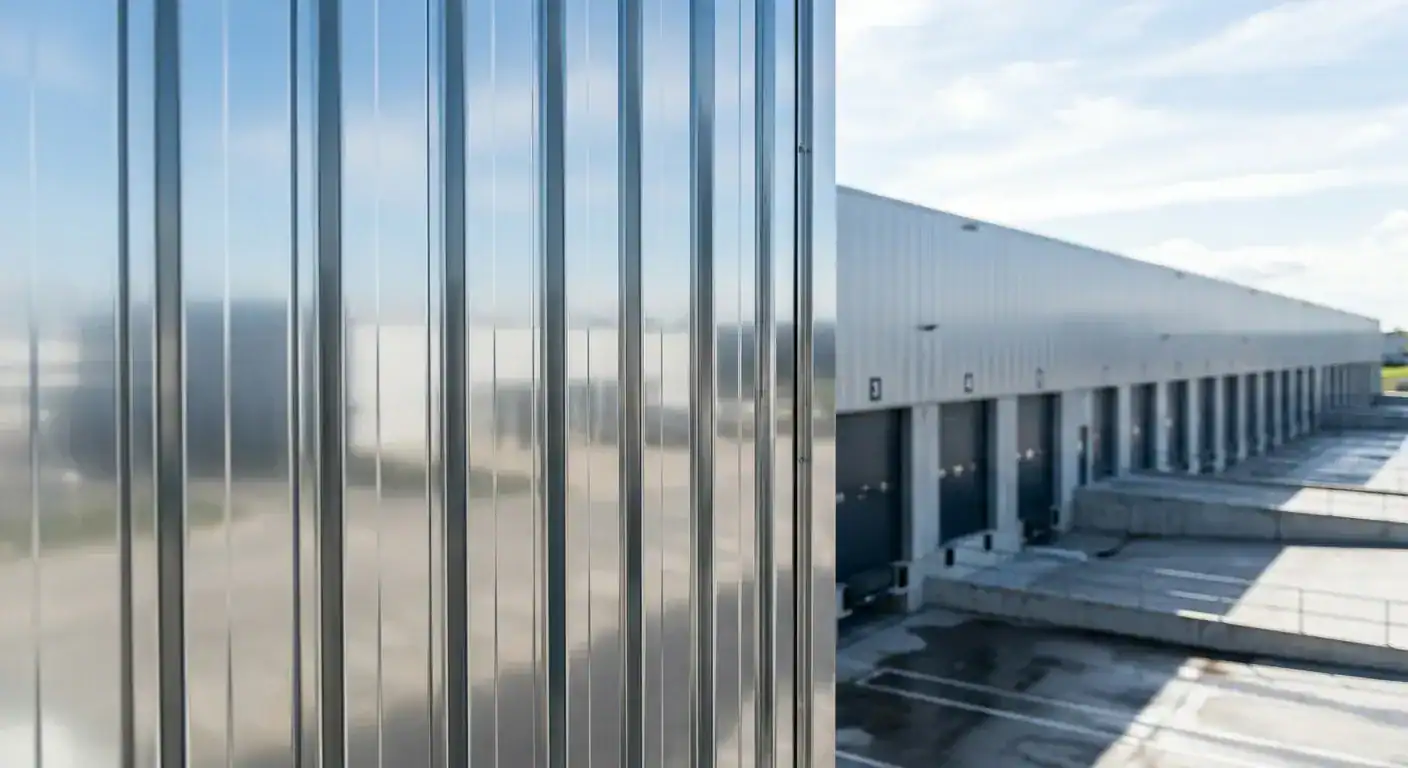 Nærbilde av en renset, skinnende metalloverflate på en lagerhall med logistikkporter i bakgrunnen