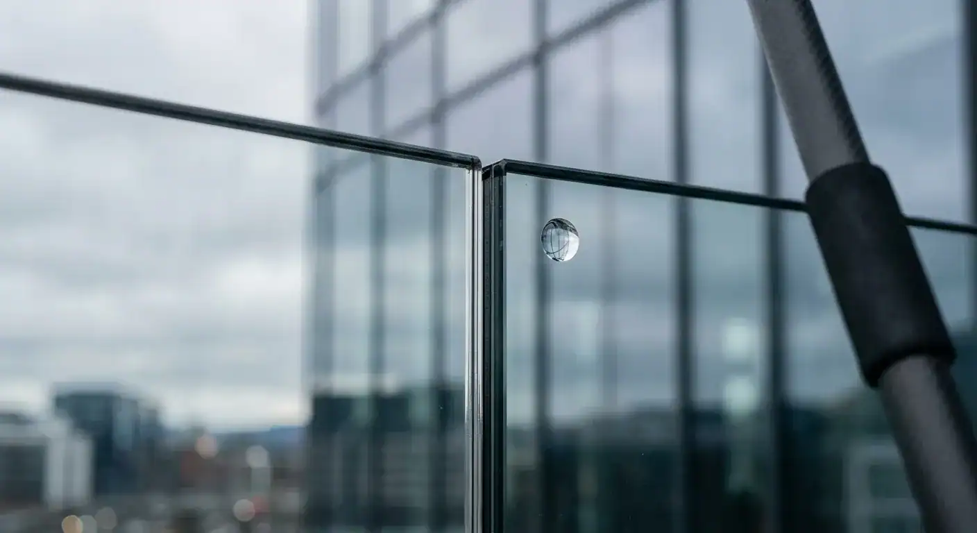 A professional high-reach window cleaning pole system washing a large glass window of a modern corporate building, leaving a spotless shine
