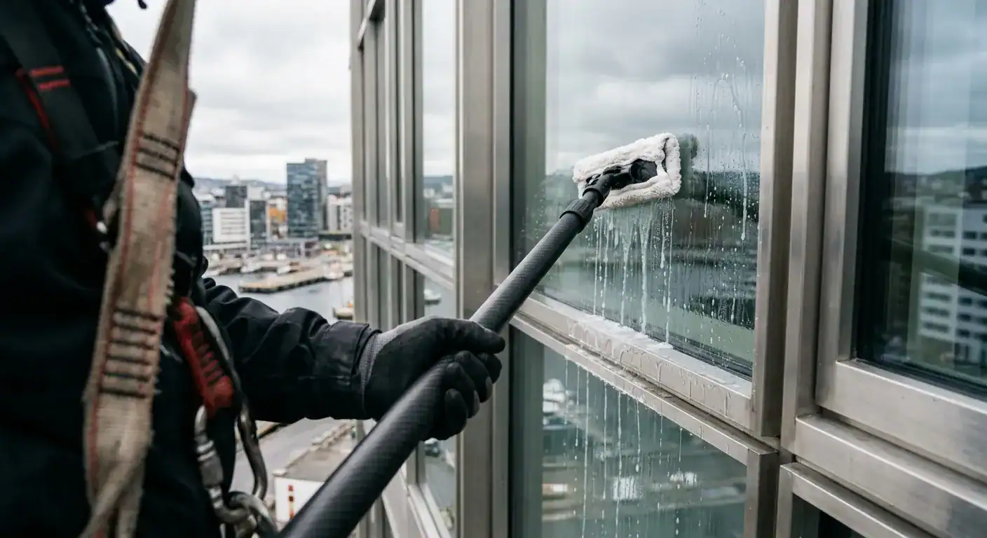 En profesjonell vindusvasker utstyrt med full klatresele som rengjør glassfasaden på et offentlig bygg i Oslo ved hjelp av en teleskopstang med ultrarent vann.