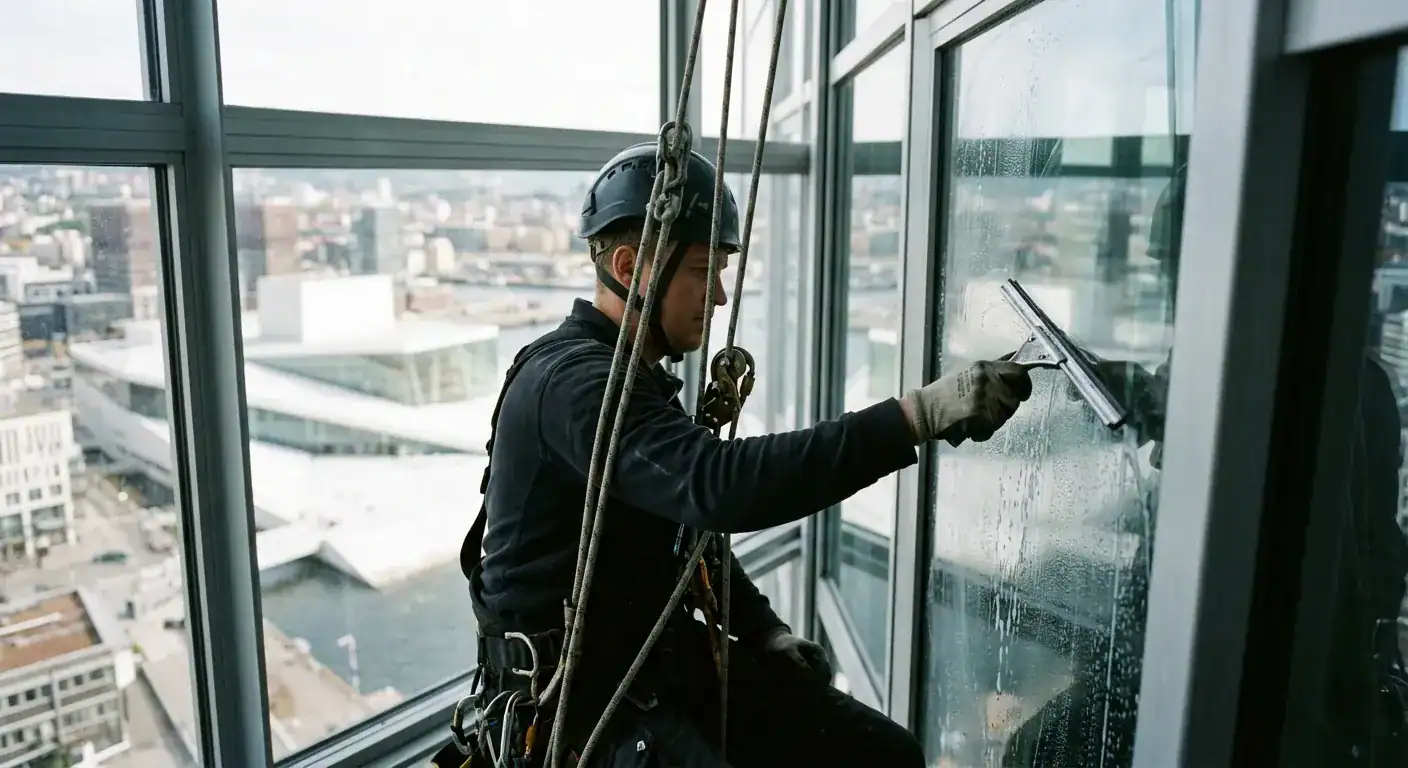 En sertifisert industritekniker som henger sikkert i tau på en skyskraper av stål og glass, mens han bruker en nal på en stor, skinnende vindusflate