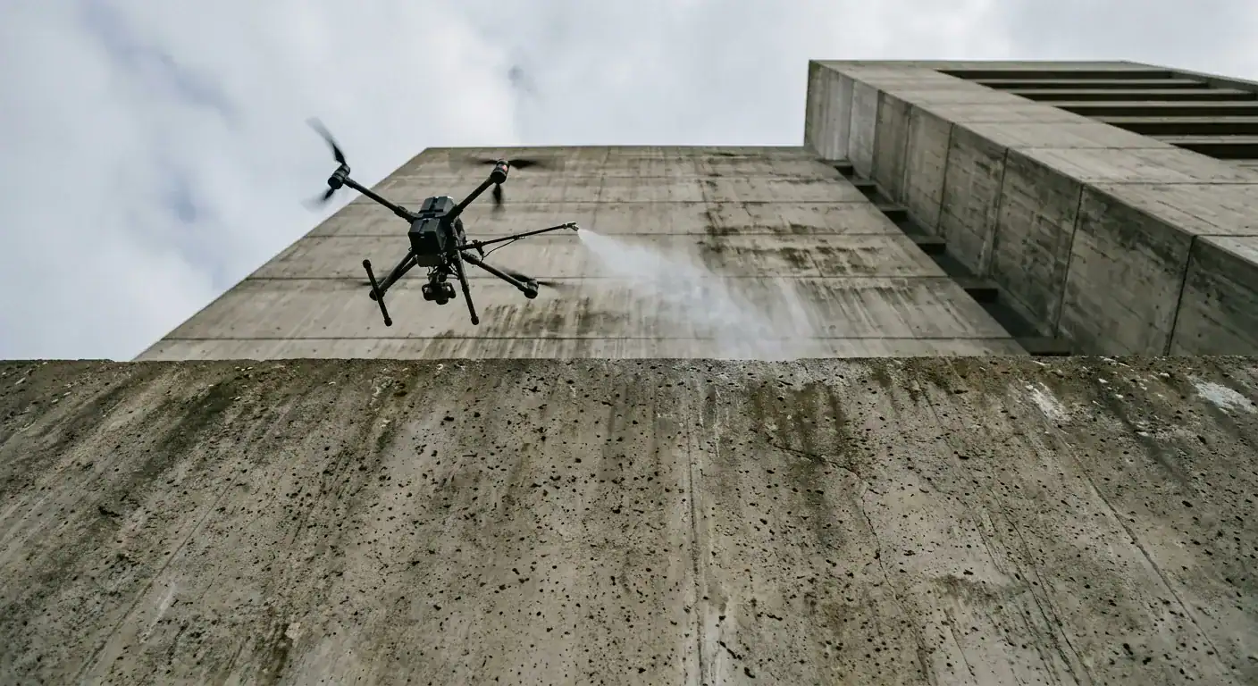 En drone utstyrt med spyledyse som påfører miljøvennlig rensemiddel på den øverste delen av en stor betongfasade under en klar himmel