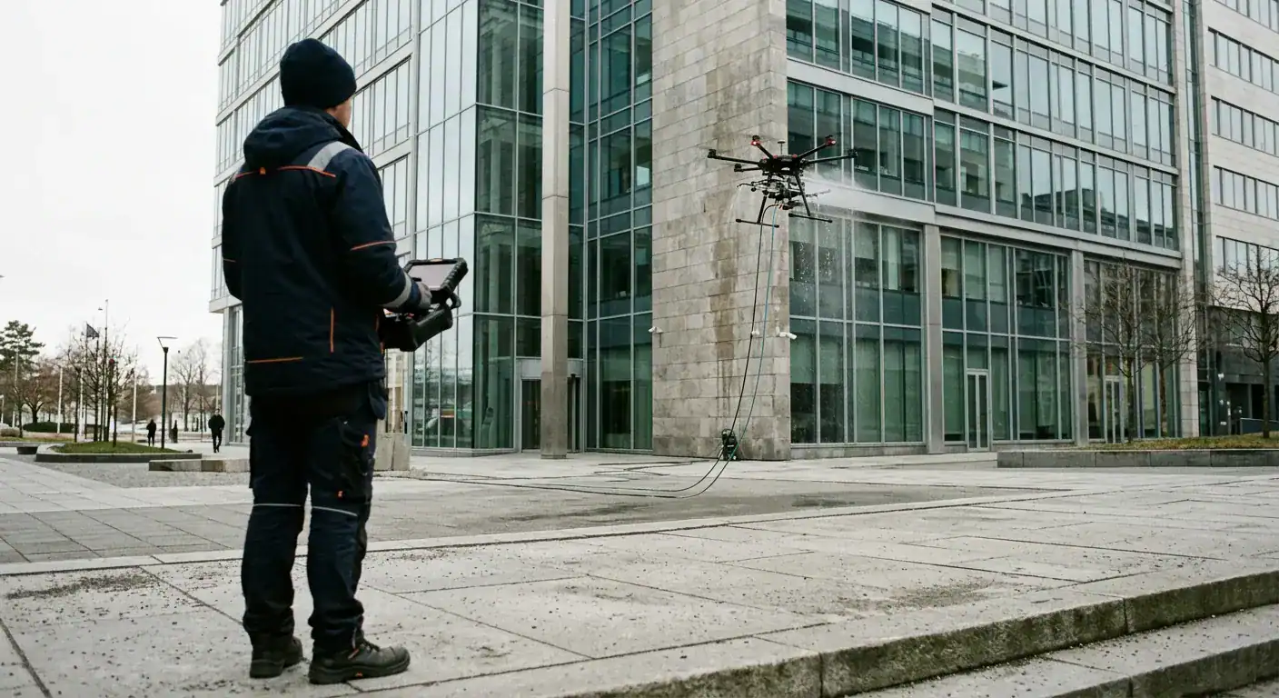 En profesjonell operatør i profilert arbeidstøy står trygt på bakken med en fjernkontroll og overvåker en rengjøringsdrone som arbeider i åttende etasje på et moderne kontorbygg
