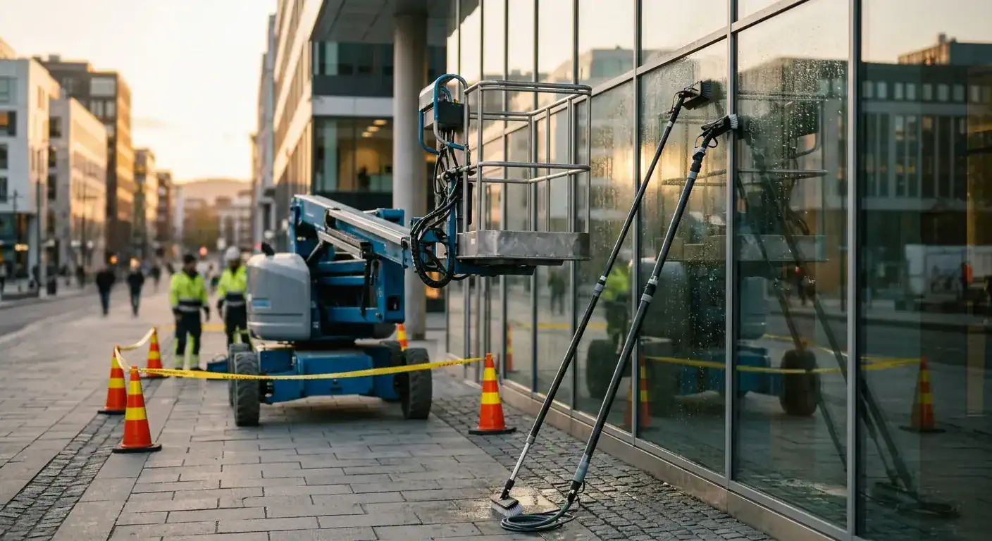 En stor lift oppstilt på en ryddig og avsperret fortauplass i Oslo sentrum mens to fagfolk vasker glassfasaden