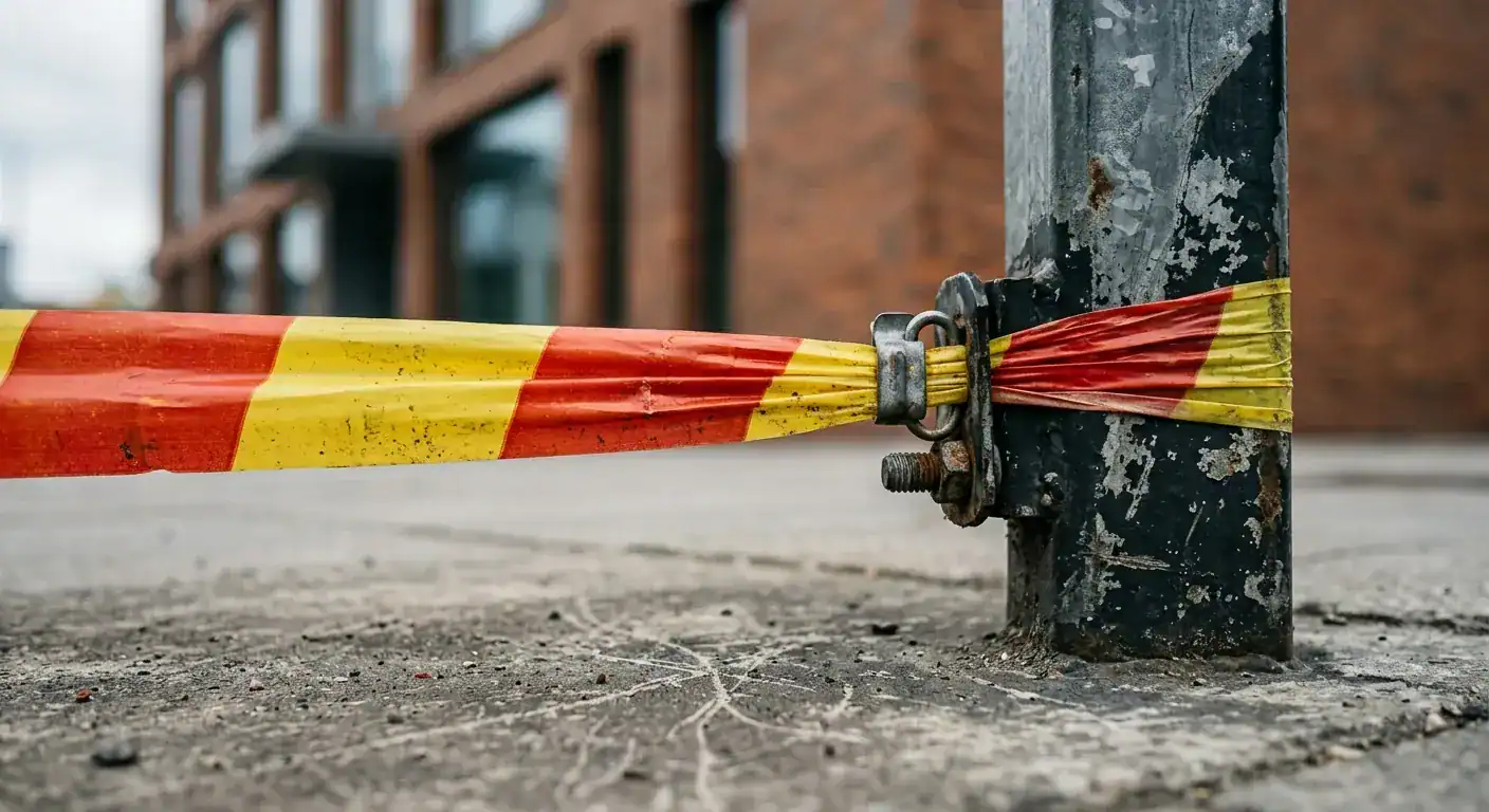 En sikkerhetsansvarlig som setter opp fysiske sperrebånd og varselskilt på et fortau foran et næringsbygg under fasadevask