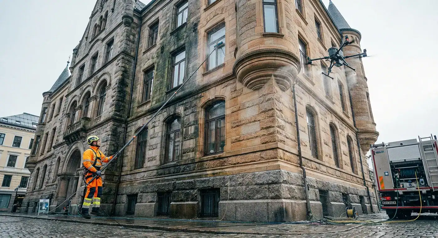 Teamet fra Neas Fasade i gang med en omfattende takvask på et historisk bygg